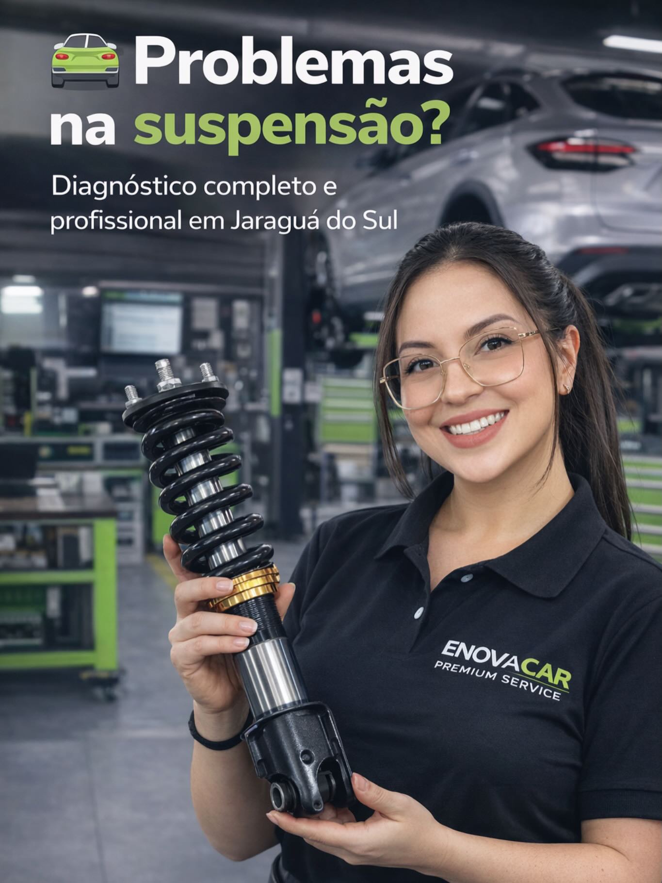 Técnica da Enovacar com amortecedor em mãos na oficina